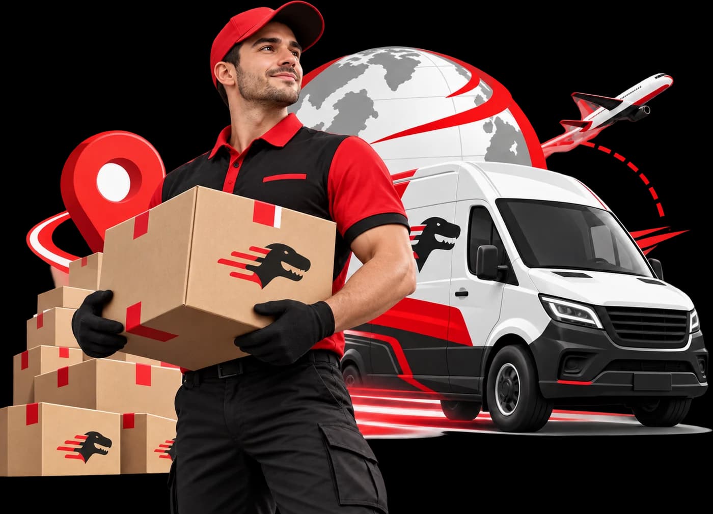 Dino Courier courier with a parcel, delivery van, airplane and globe