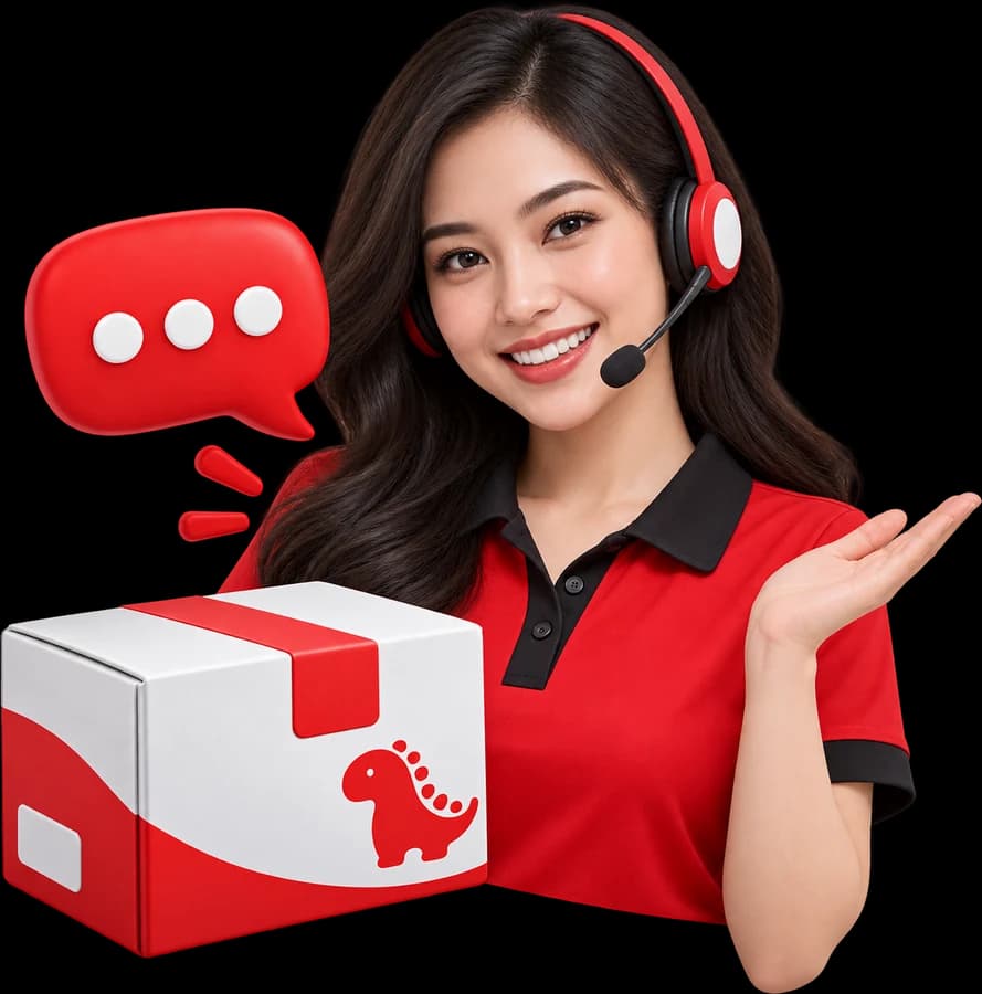 Dino Courier support agent with a headset beside a parcel